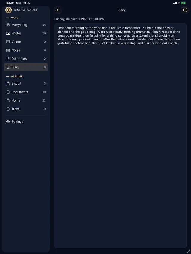 A diary entry dated October 11, 2026 open on iPad, with the Diary selected in the sidebar.