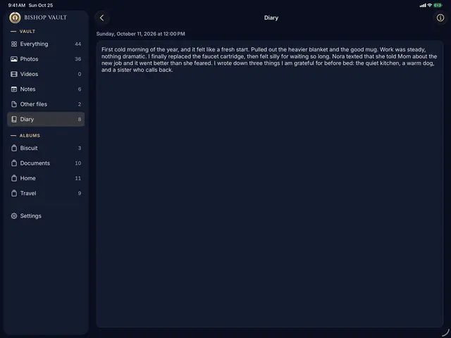 A diary entry dated Sunday, October 11, 2026, open beside the sidebar on iPad held sideways.