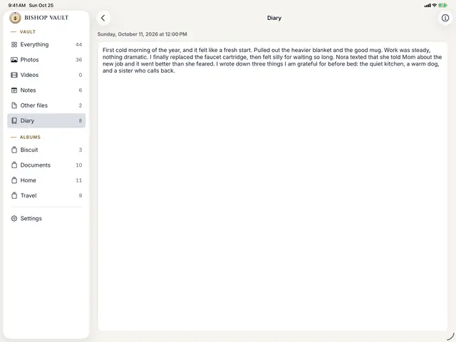 A diary entry dated Sunday, October 11, 2026, open beside the sidebar on iPad held sideways.