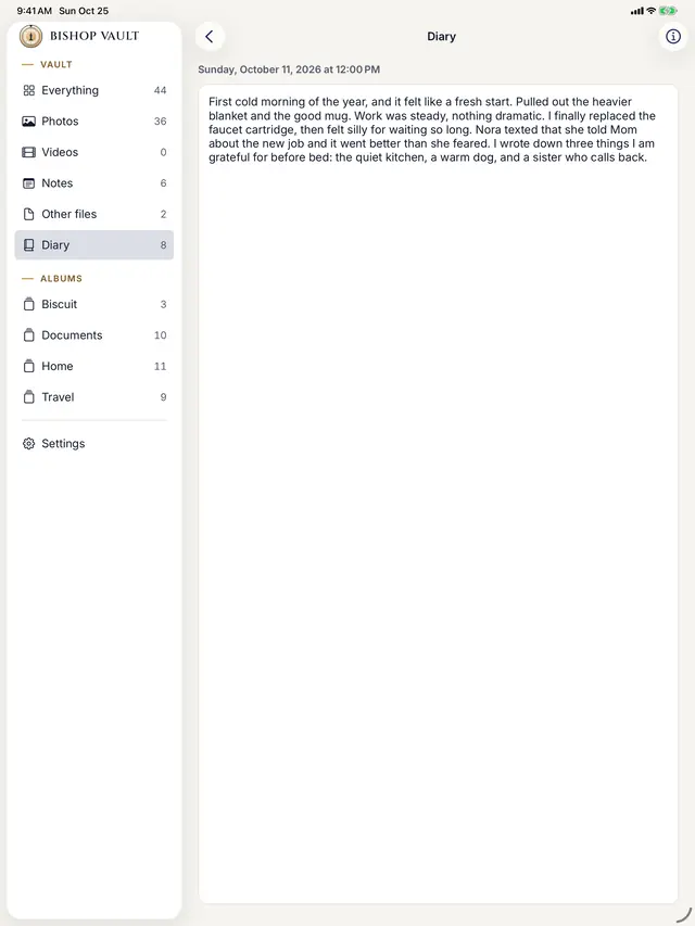 A diary entry dated October 11, 2026 open on iPad, with the Diary selected in the sidebar.