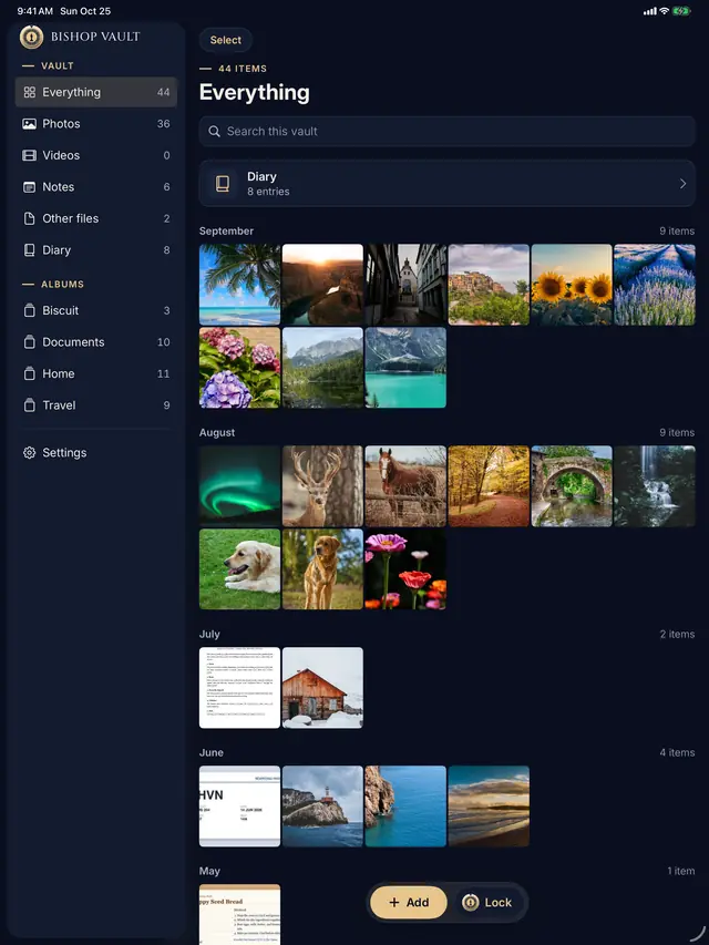 Bishop Vault on iPad: a sidebar listing Everything, Photos, Videos, Notes, Other files, the Diary, and four albums, beside the vault grid.