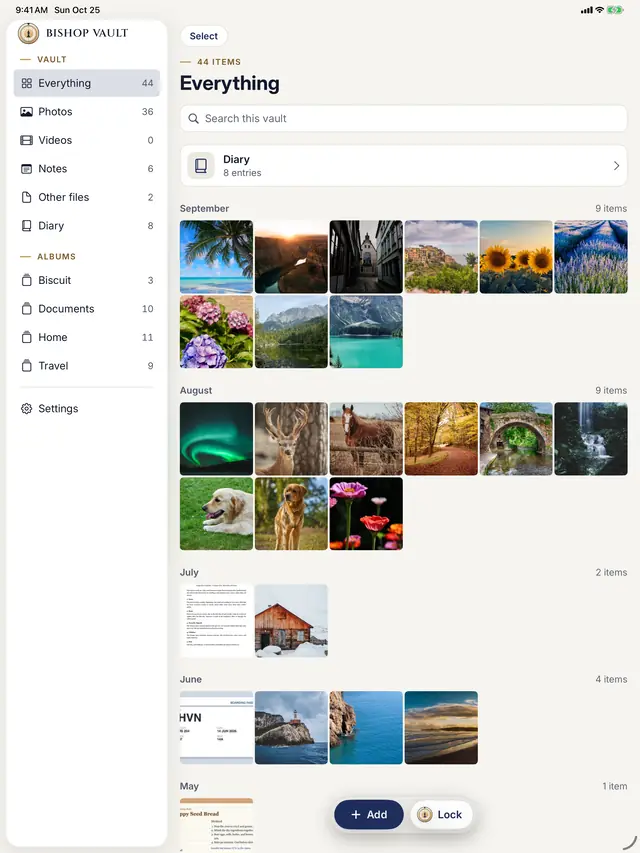 Bishop Vault on iPad: a sidebar listing Everything, Photos, Videos, Notes, Other files, the Diary, and four albums, beside the vault grid.