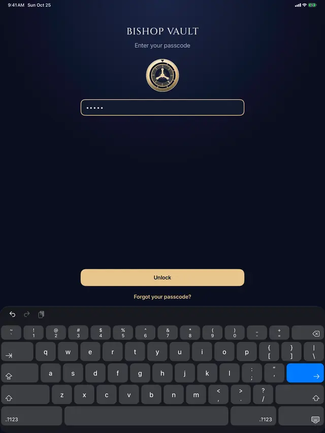 The Bishop Vault unlock screen on iPad: the dial, a passcode field with five dots, an Unlock button, and the keyboard.