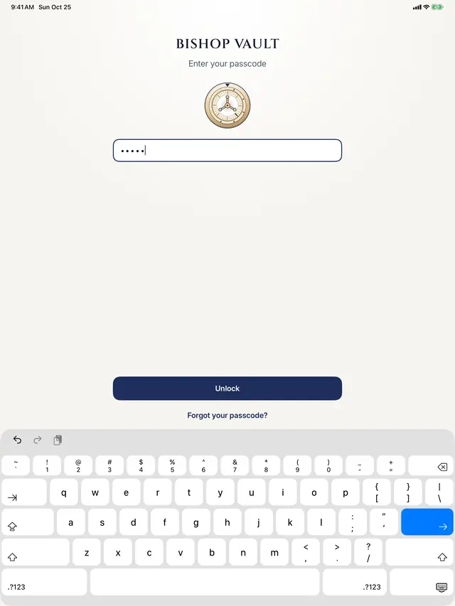 The Bishop Vault unlock screen on iPad: the dial, a passcode field with five dots, an Unlock button, and the keyboard.