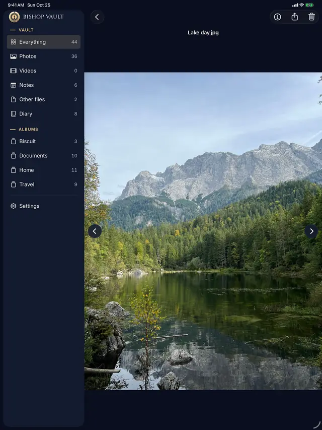 A mountain lake photo open in the viewer on iPad, with the sidebar on the left.