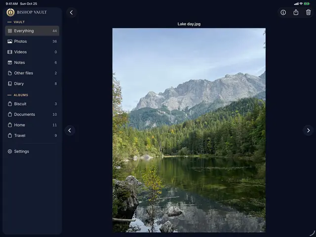The viewer on iPad held sideways, showing a mountain lake photo beside the sidebar.