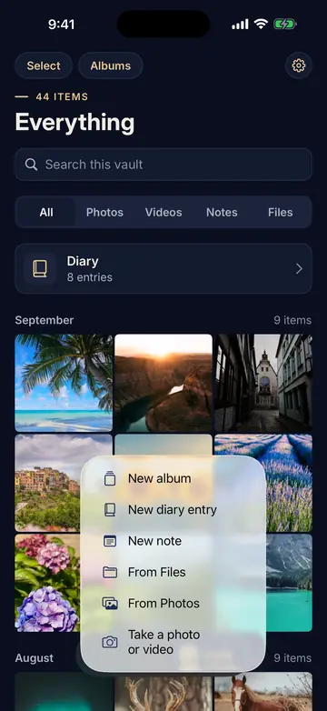 The Add menu open over the vault: New album, New diary entry, New note, From Files, From Photos, and Take a photo or video.