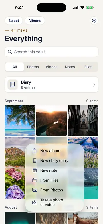 The Add menu open over the vault: New album, New diary entry, New note, From Files, From Photos, and Take a photo or video.