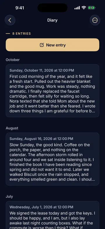 The Diary with 8 entries, a New entry button, and entries dated October, August, and July.