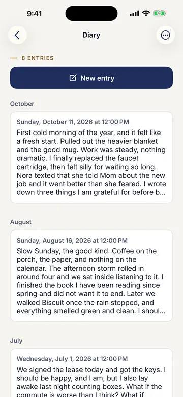 The Diary with 8 entries, a New entry button, and entries dated October, August, and July.