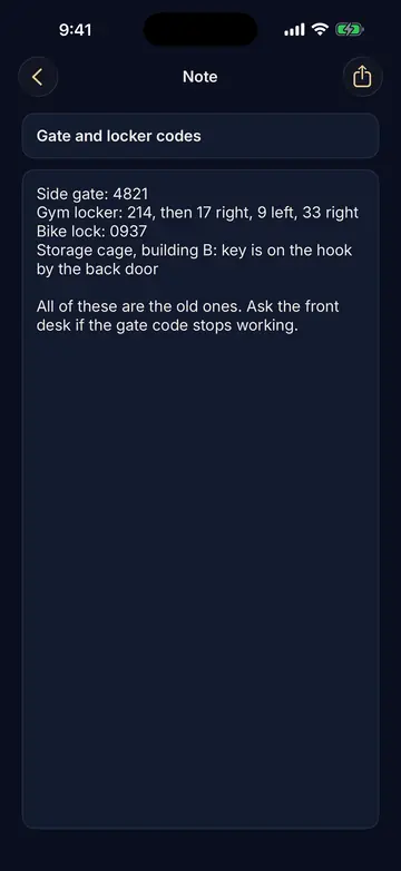 A note titled Gate and locker codes, listing sample gate and locker codes.