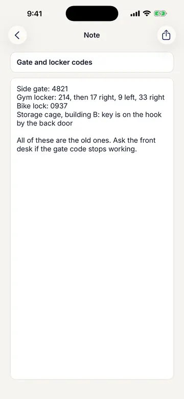 A note titled Gate and locker codes, listing sample gate and locker codes.
