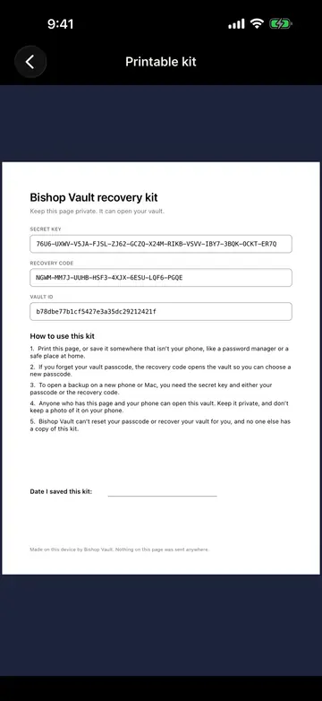 The printable recovery kit preview, with a long key, a recovery code, a vault ID, and steps for using the kit.