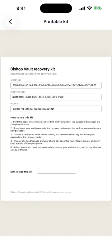 The printable recovery kit preview, with a long key, a recovery code, a vault ID, and steps for using the kit.