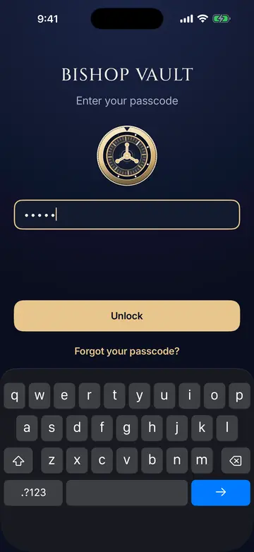 The Bishop Vault unlock screen: the dial above a passcode field with five dots, an Unlock button, and a Forgot your passcode link.