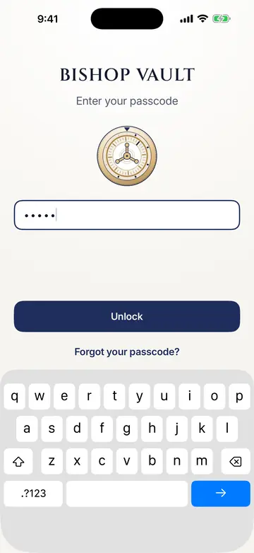 The Bishop Vault unlock screen: the dial above a passcode field with five dots, an Unlock button, and a Forgot your passcode link.