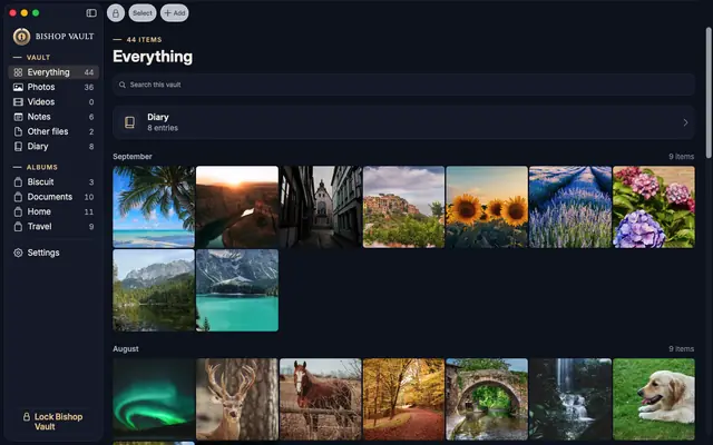 Bishop Vault on Mac: a sidebar of kinds and albums, a Lock Bishop Vault button, and the vault grid titled Everything.
