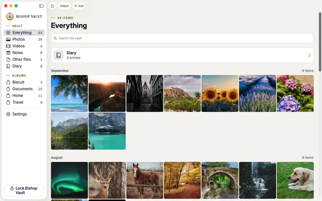 Bishop Vault on Mac: a sidebar of kinds and albums, a Lock Bishop Vault button, and the vault grid titled Everything.