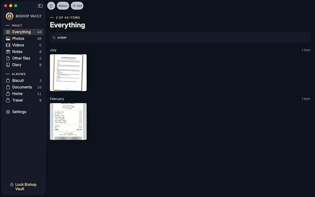A search for juniper on Mac, with two results: a scanned lease and a scanned receipt.