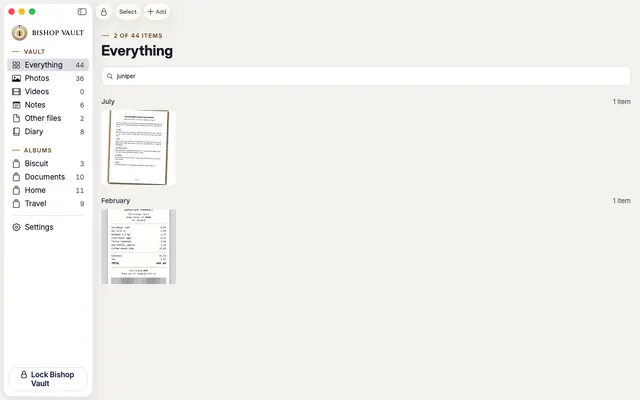 A search for juniper on Mac, with two results: a scanned lease and a scanned receipt.