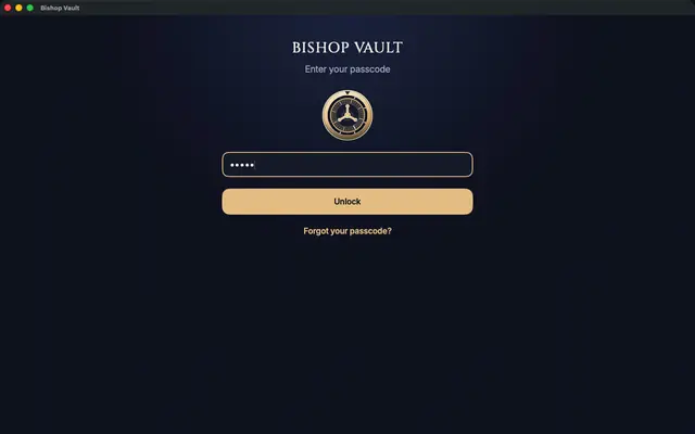 The Bishop Vault unlock window on Mac: the dial, a passcode field with five dots, and an Unlock button.
