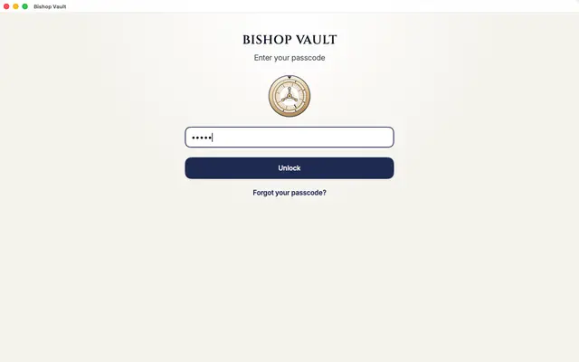 The Bishop Vault unlock window on Mac: the dial, a passcode field with five dots, and an Unlock button.