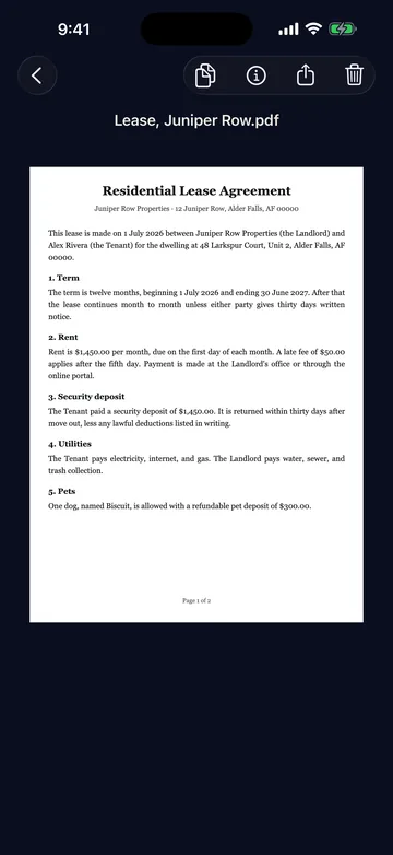 Illustration of the finished scan in Bishop Vault's viewer: the same lease page, straight and evenly white, titled Lease, Juniper Row.pdf.